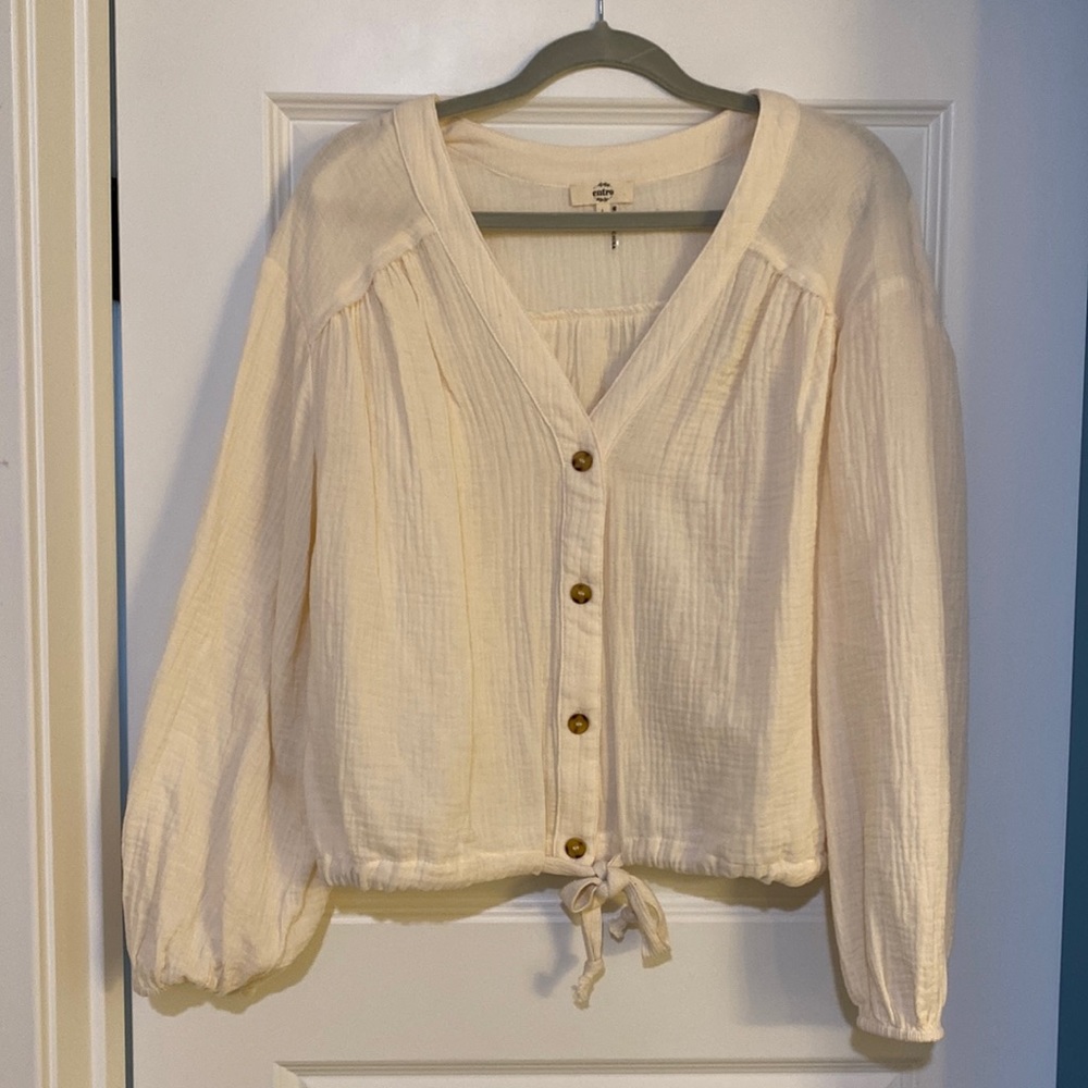 Cream Tie-Front Waist Blouse